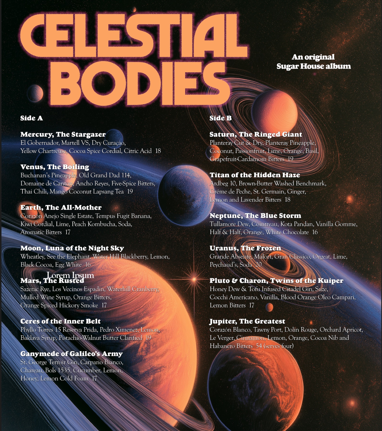 Illustrated Celestial Bodies menu at Sugar House Detroit